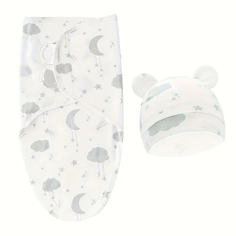 1pc Baby Swaddle Set With Hat UltraSoft Gray Star Cloud Moon Patterns 6