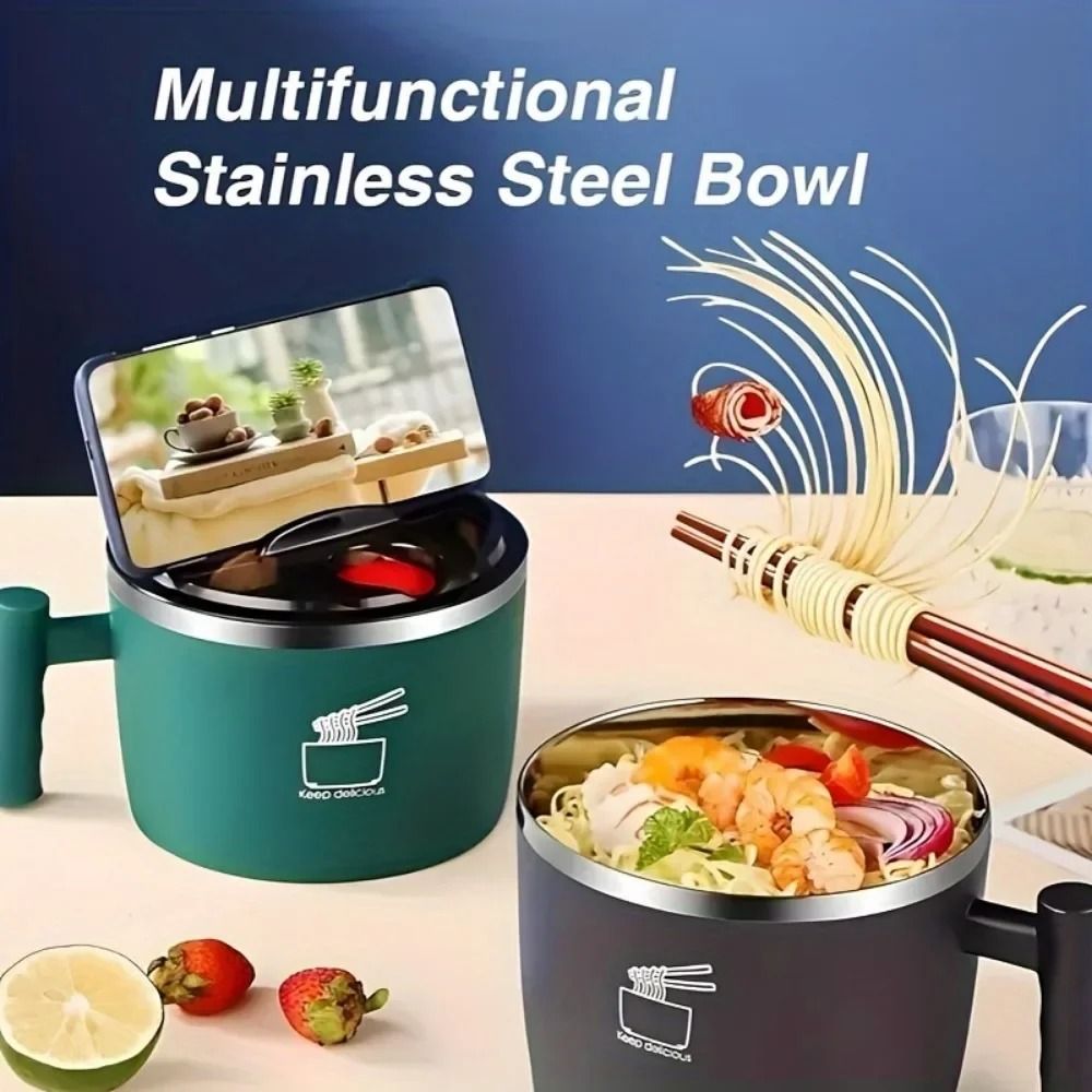 Stainless Steel Ramen Bowl Insulated Lunch Container 1000ml Large Soup Bowl With Phone Stand 5