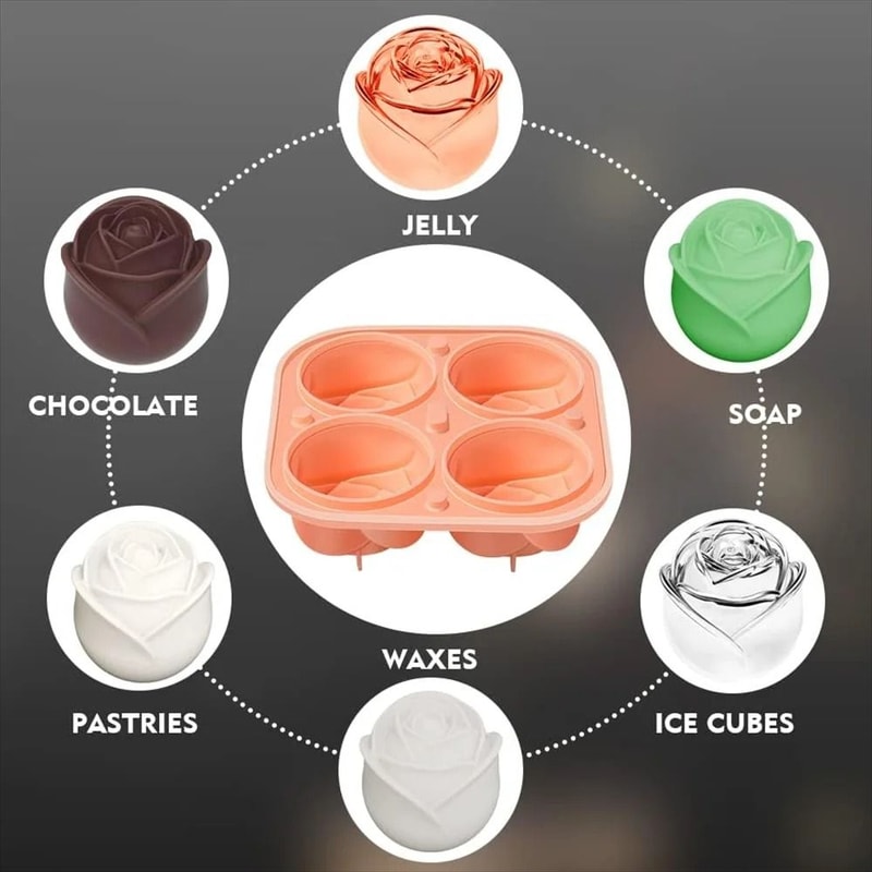 3D Rose Ice Molds Large FlowerShaped Silicone Trays For Whiskey Cocktails 3