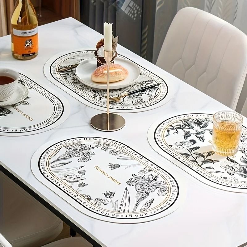 Floral Elliptical PU Leather Placemats Waterproof HeatResistant Sketch Flower Table Mats 2