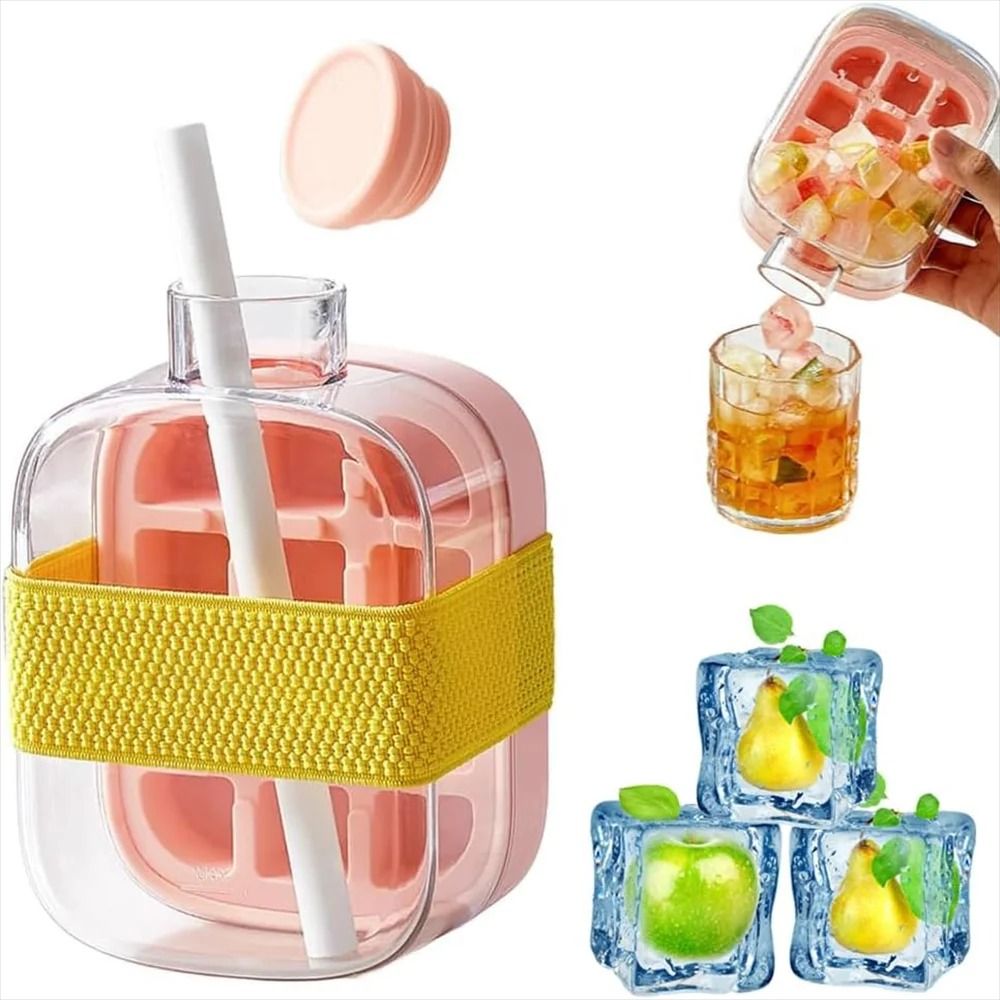 2in1 Press Ice Cube Mold Portable Water Bottle LeakProof Ice Cube Tray With Bin 0