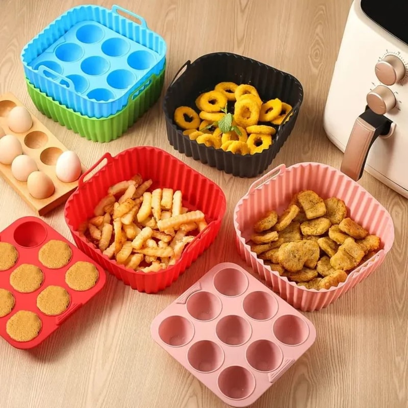 Premium 2Piece Square Silicone Air Fryer Liners Egg Mold Set FoodSafe Reusable Baking Accessories 5