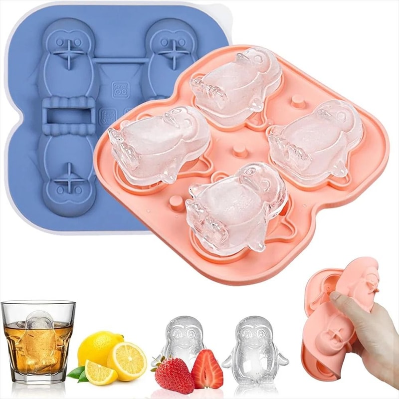 Premium Penguin Silicone Ice Cube Tray 3D Novelty Flower Animal Mold With LeakProof Lid 0