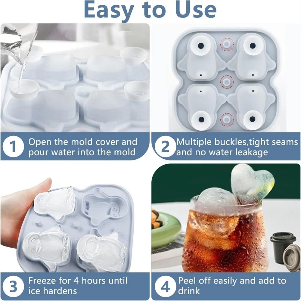 Premium Penguin Silicone Ice Cube Tray 3D Novelty Flower Animal Mold With LeakProof Lid 2
