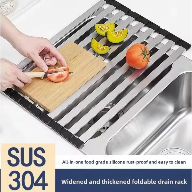 Premium 304 Stainless Steel RollUp Dish Drying Rack Foldable Retractable Sink Drainer 3