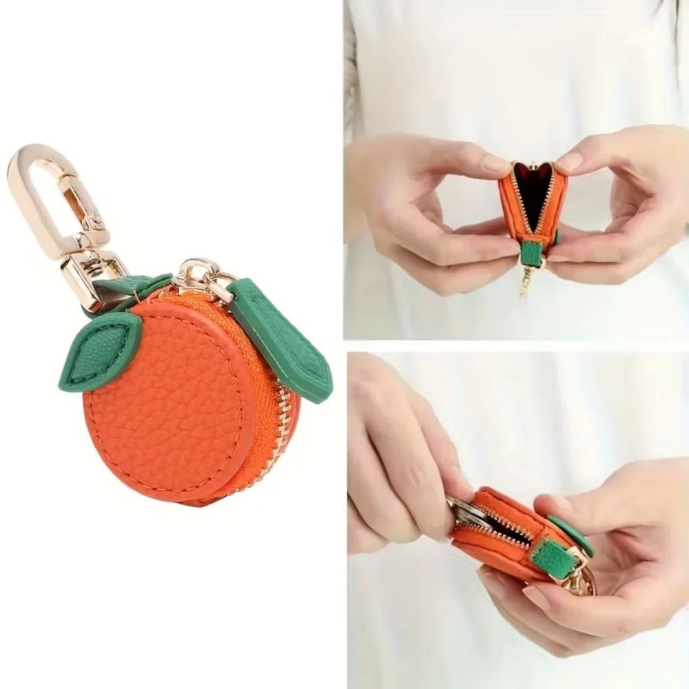 Premium Mini Leather Fruit Coin Wallet Chic Orange Keychain Backpack Charm Gift Label 0