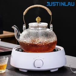 justinlau premium clear glass teapot – high borosilicate thickened glass with copper handle & anti-scald braided rope