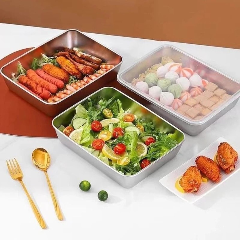 JUSTINLAU Stainless Steel Food Storage Plate With Lids Stackable Hotpot Preparation Trays 1