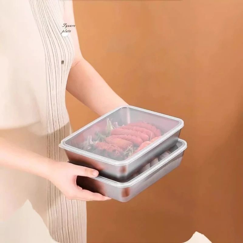 JUSTINLAU Stainless Steel Food Storage Plate With Lids Stackable Hotpot Preparation Trays 3