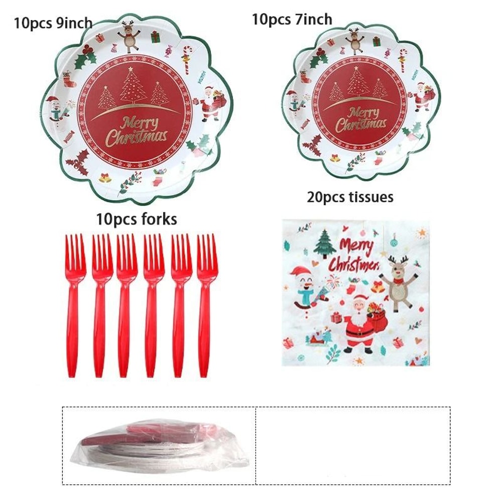 JUSTINLAU Deluxe Christmas Cutlery Disposable Tableware Set Festive Plates Cups Decor 9