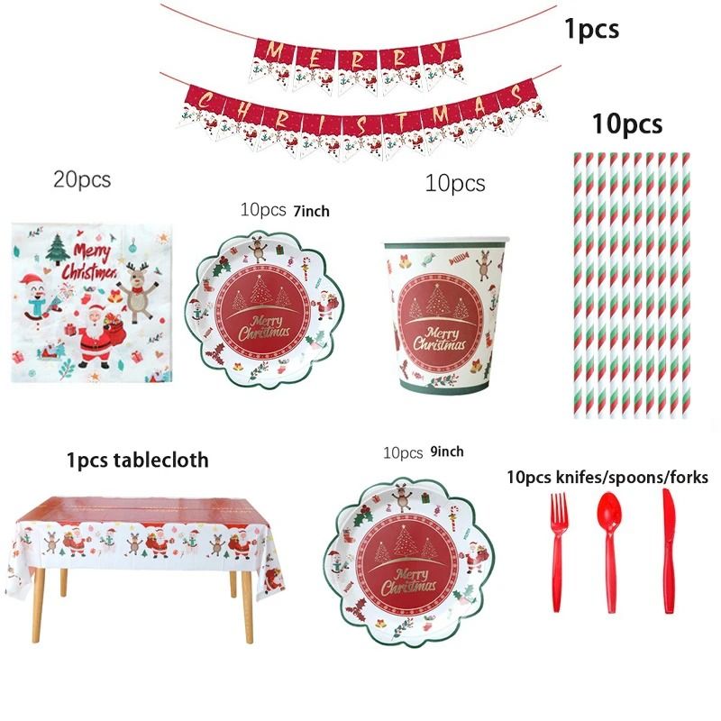 JUSTINLAU Deluxe Christmas Cutlery Disposable Tableware Set Festive Plates Cups Decor 11