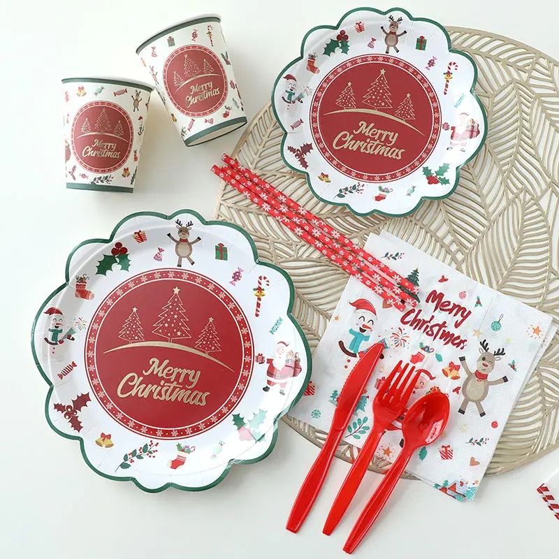 JUSTINLAU Deluxe Christmas Cutlery Disposable Tableware Set Festive Plates Cups Decor 1