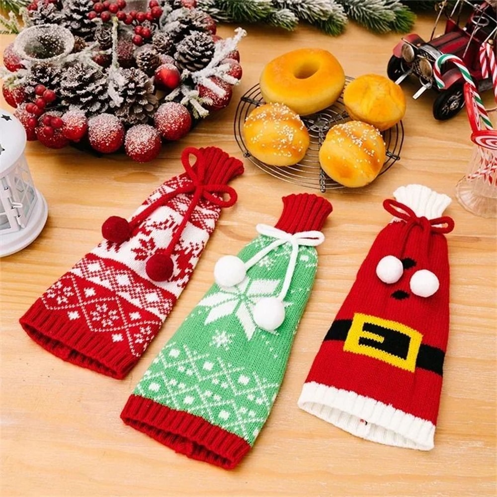 Festive Christmas Wine Bottle Covers Cartoon Santa Snowman Knitted Bags For Holiday Decor 2