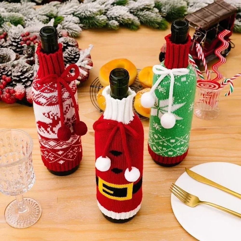 Festive Christmas Wine Bottle Covers Cartoon Santa Snowman Knitted Bags For Holiday Decor 3