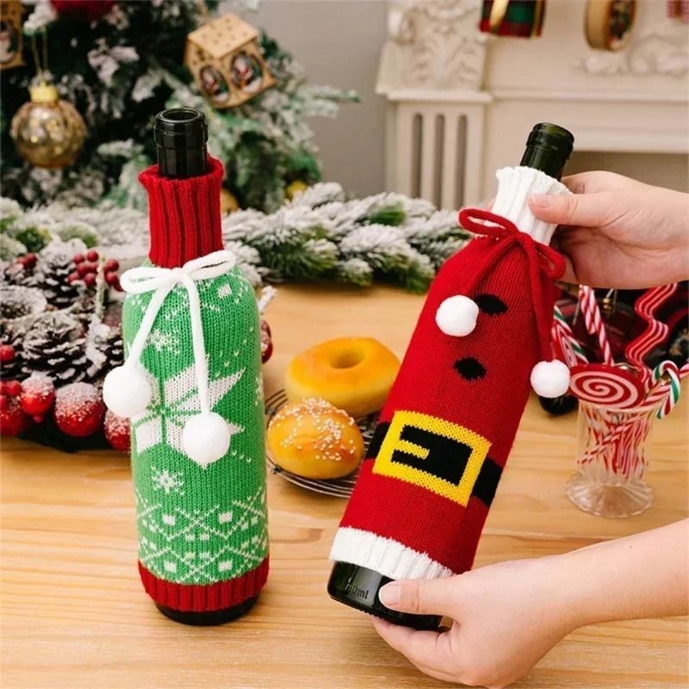Festive Christmas Wine Bottle Covers Cartoon Santa Snowman Knitted Bags For Holiday Decor 4