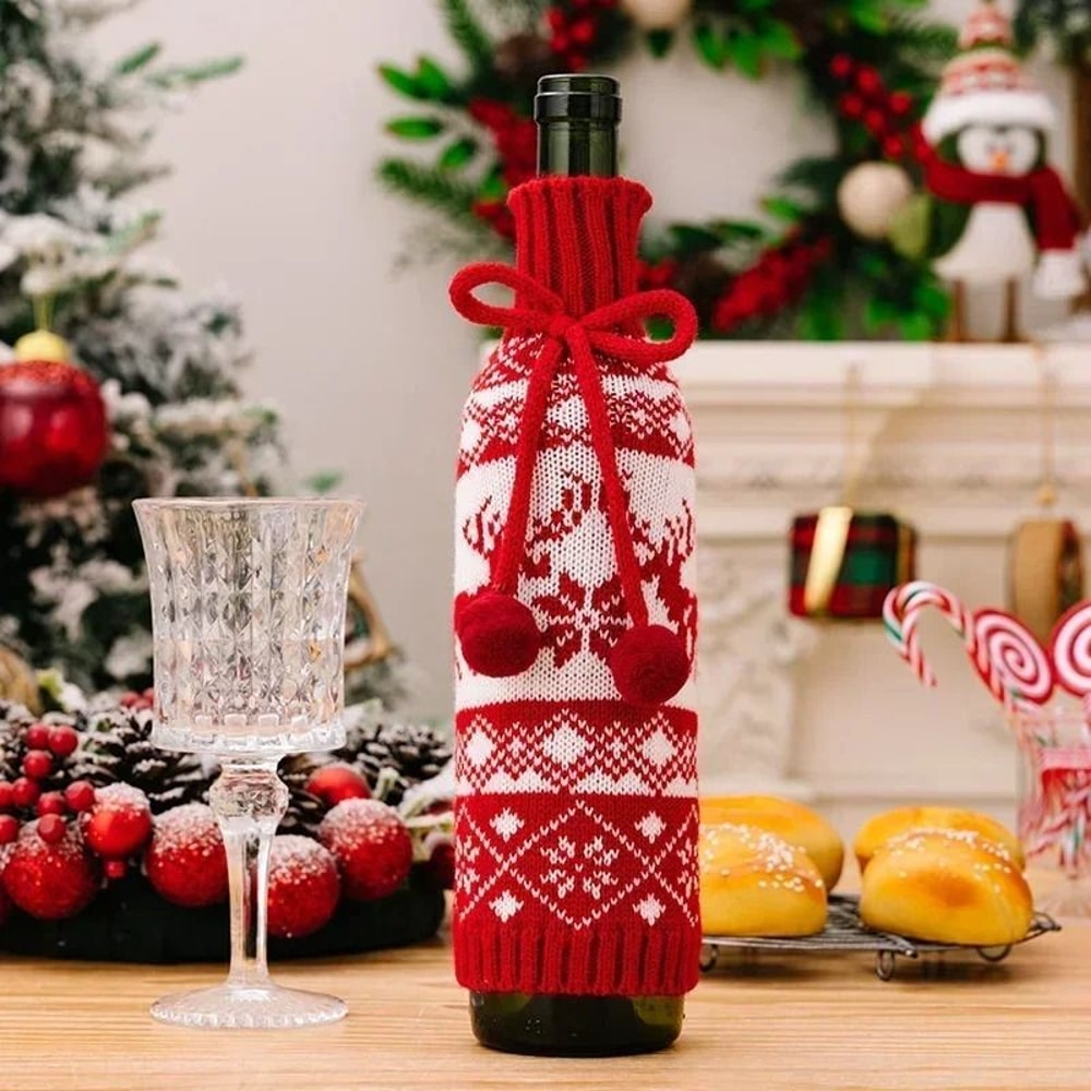 Festive Christmas Wine Bottle Covers Cartoon Santa Snowman Knitted Bags For Holiday Decor 7
