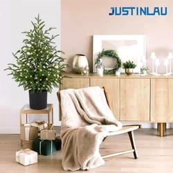 justinlau 2ft artificial norfolk pine cypress tree – potted tabletop faux holiday decor