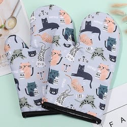 cat pattern heat insulation gloves – thick anti-scald non-slip oven & microwave mitts