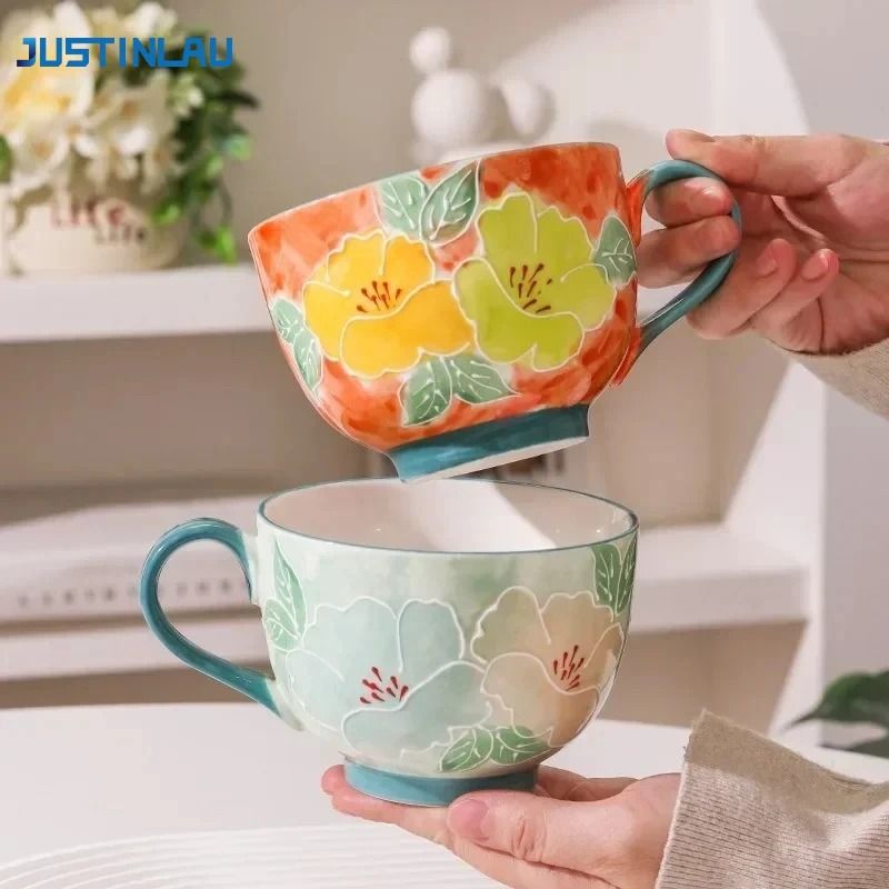 JUSTINLAU Relief Flower Ceramic Mug HandDrawn Art Breakfast Milk Oat Cup 0