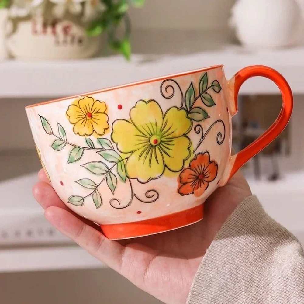 JUSTINLAU Relief Flower Ceramic Mug HandDrawn Art Breakfast Milk Oat Cup 3