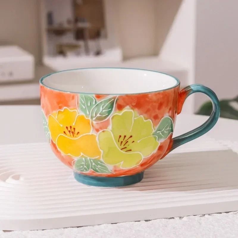 JUSTINLAU Relief Flower Ceramic Mug HandDrawn Art Breakfast Milk Oat Cup 4