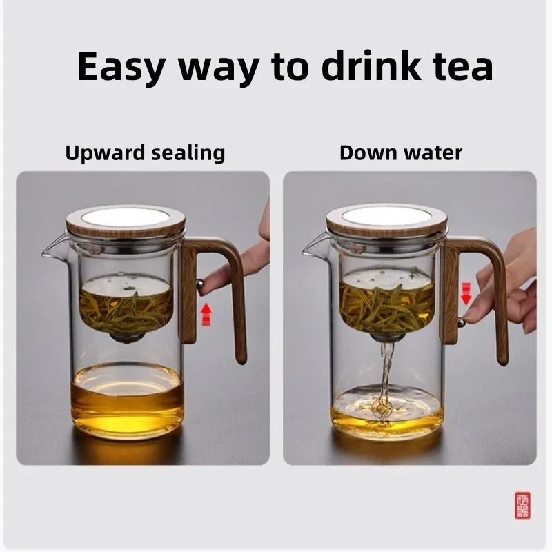OneClick Filter Glass Tea Kettle Magnetic Switch Teapot With HeatResistant Wooden Handle 5