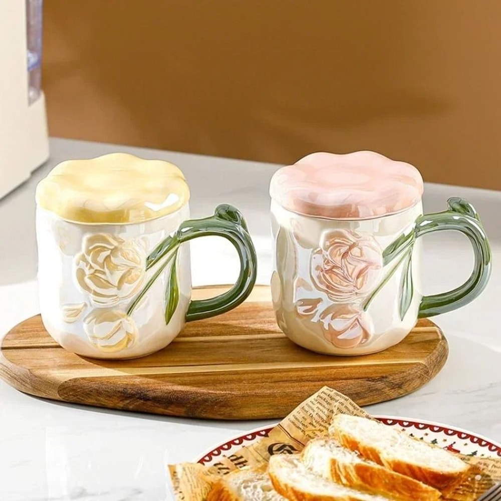 HandPainted Relief Rose Ceramic Mug Romantic Ins Style Coffee Tea Cup With Lid 2
