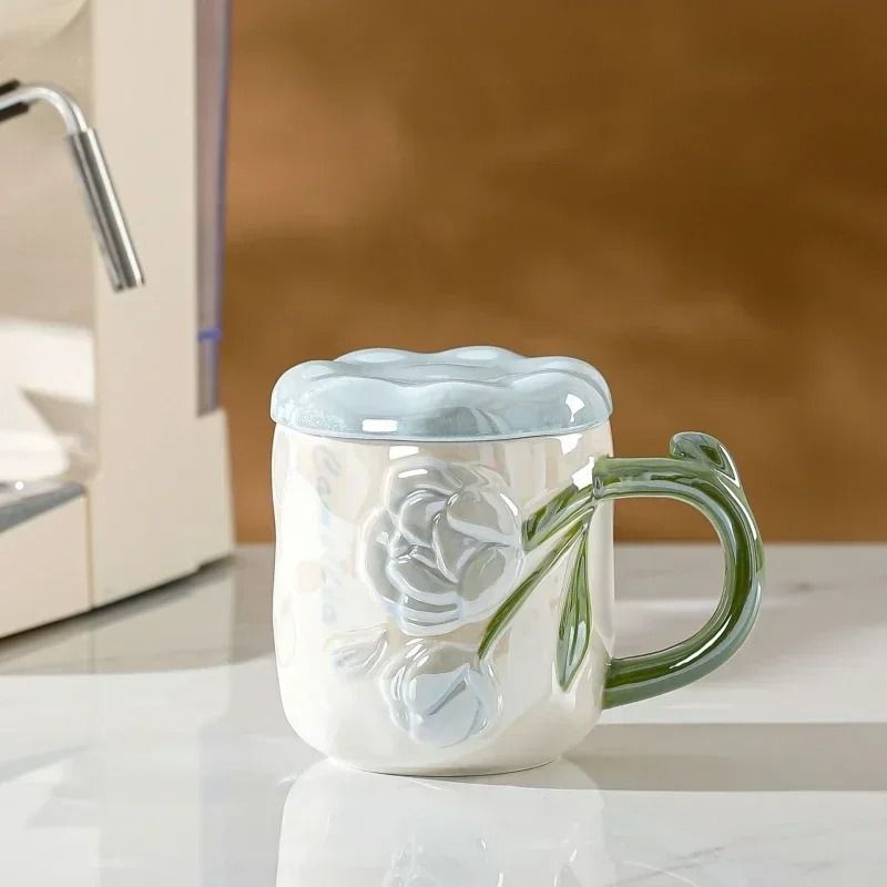 HandPainted Relief Rose Ceramic Mug Romantic Ins Style Coffee Tea Cup With Lid 6