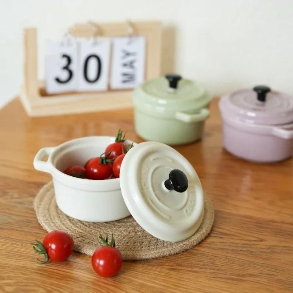 200ML Mini Ceramic Casserole Dish Oven Safe Ramekin With Lid Handles 1