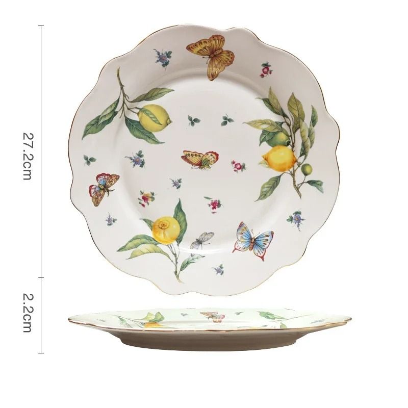 European Style Lemon Pattern Ceramic Dining Set Elegant Dinner Steak Dessert Plates 15