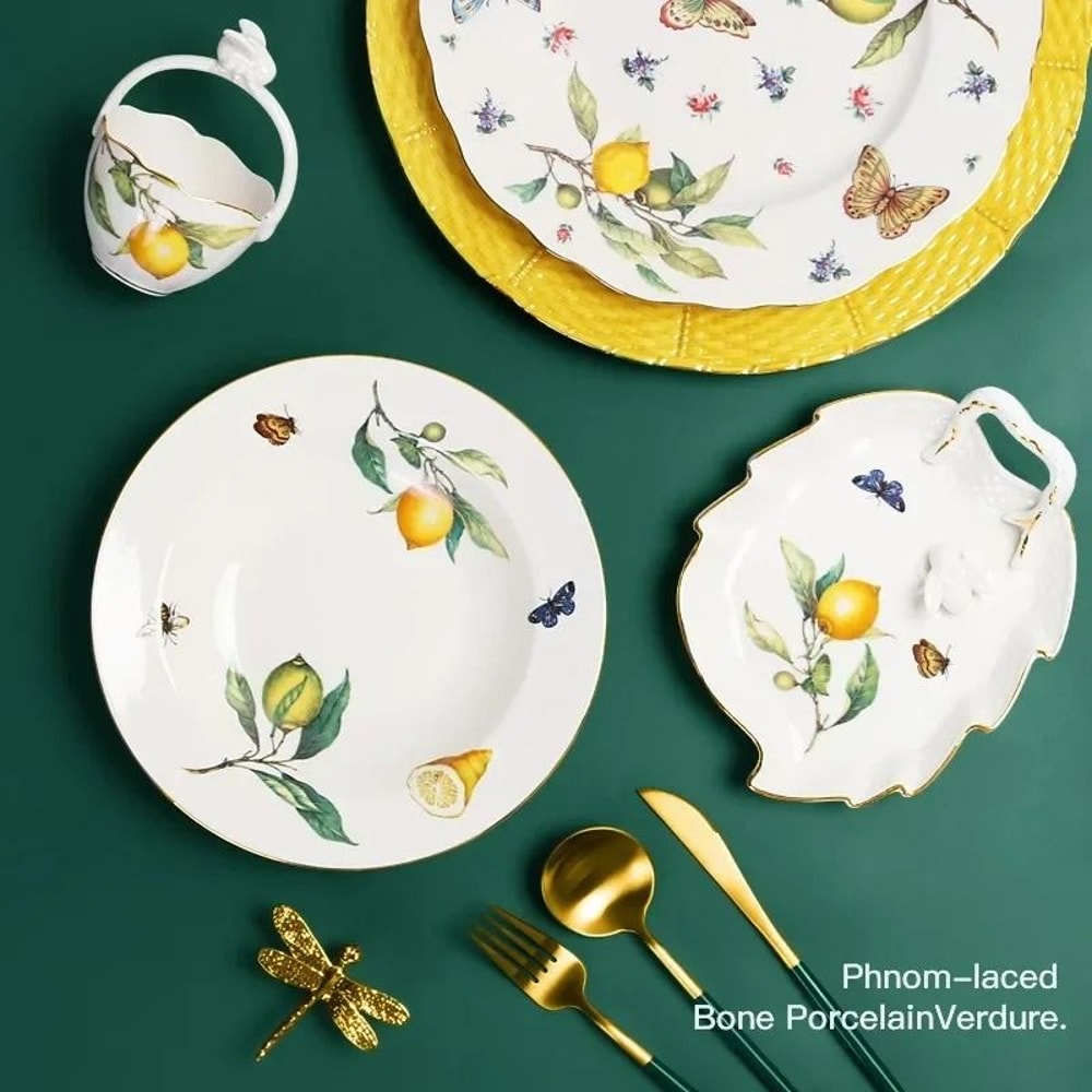 European Style Lemon Pattern Ceramic Dining Set Elegant Dinner Steak Dessert Plates 3