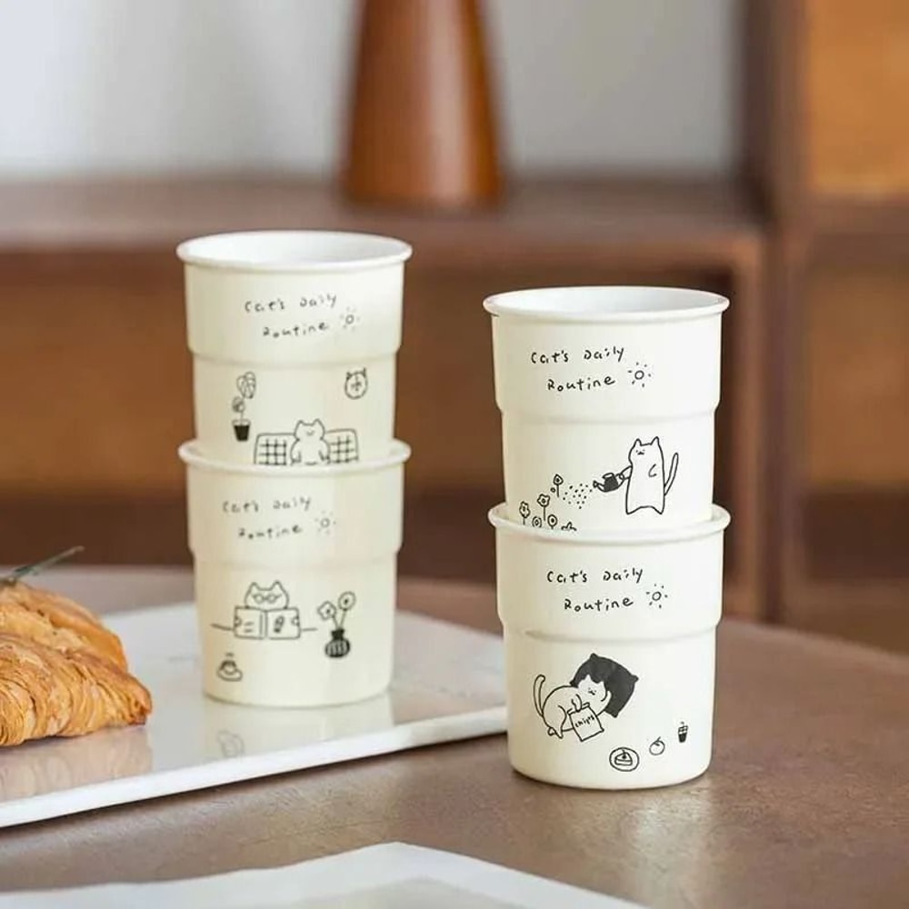 Simple Cute Cat Illustrations Ceramic Mug 225ml Oat Milk Latte Breakfast Cup 1