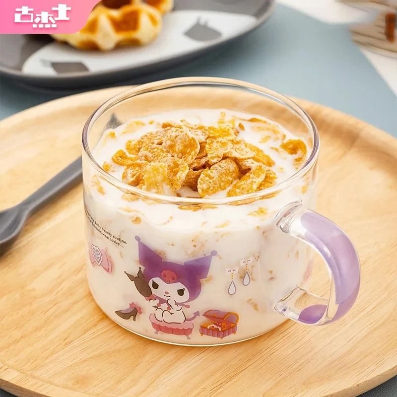 Sanrio Collaboration Transparent Glass Mug 10cm Cute Breakfast Oatmeal Cup With Colored Handle 1