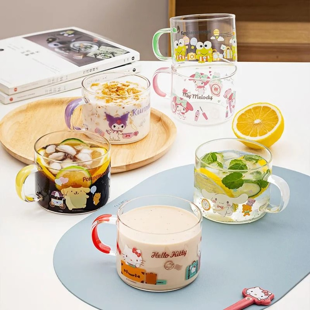 Sanrio Collaboration Transparent Glass Mug 10cm Cute Breakfast Oatmeal Cup With Colored Handle 3