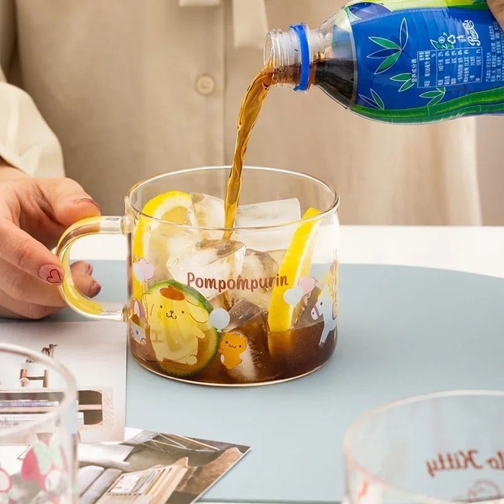 Sanrio Collaboration Transparent Glass Mug 10cm Cute Breakfast Oatmeal Cup With Colored Handle 4