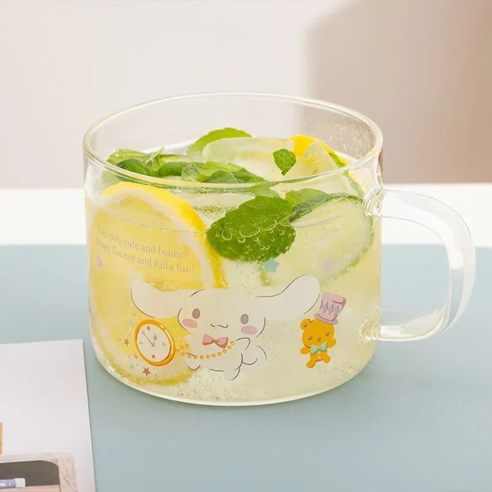 Sanrio Collaboration Transparent Glass Mug 10cm Cute Breakfast Oatmeal Cup With Colored Handle 5