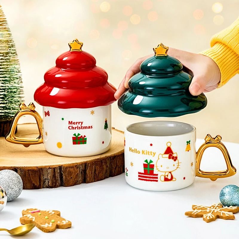 Sanrio Creative Christmas Tree Shape Hello Kitty Ceramic Mug 340ml Household Milk Coffee Cup 1