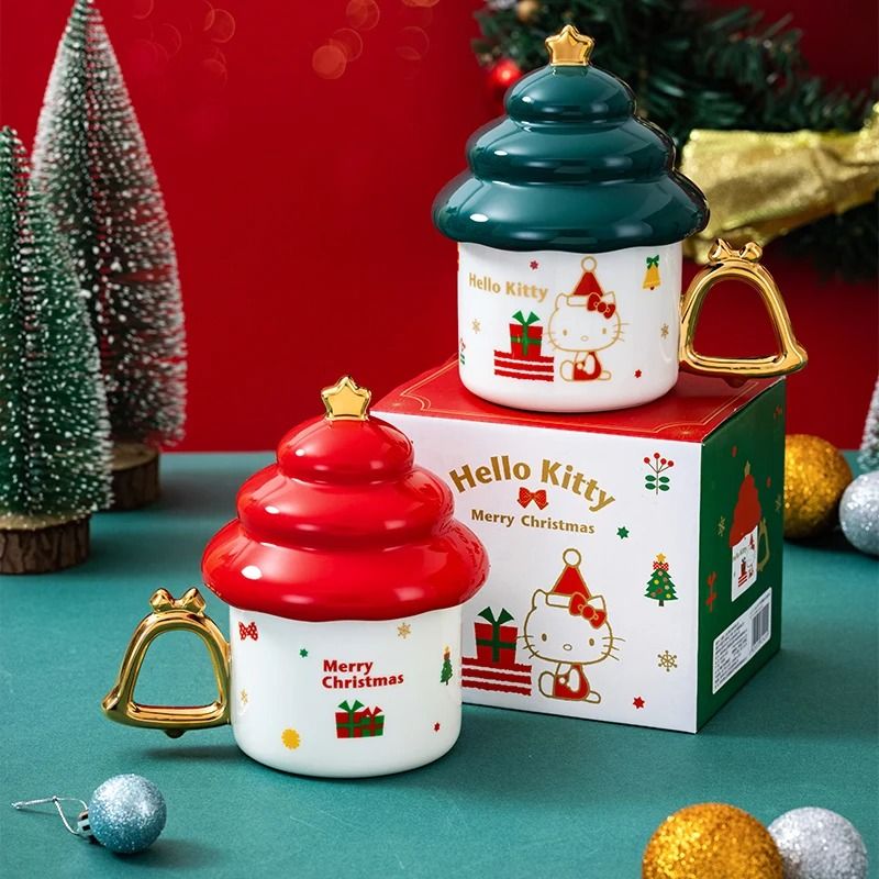 Sanrio Creative Christmas Tree Shape Hello Kitty Ceramic Mug 340ml Household Milk Coffee Cup 2
