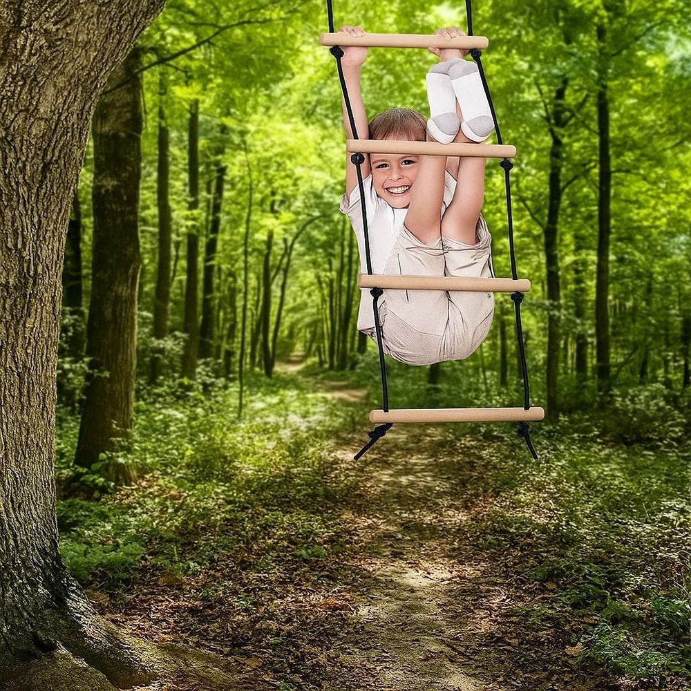 Childrens Wooden Climbing Rope Ladder IndoorOutdoor Tree Playground Swing Set 0