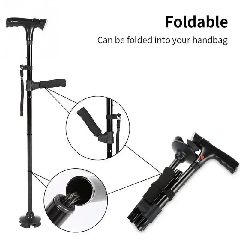 Collapsible LED Safety Cane Telescopic Folding Walking Stick With Emergency Alarm 0