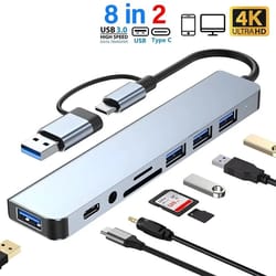 8-in-2 usb 3.0 & usb-c docking station – aluminum multiport adapter with sd/tf card reader for laptops & pc