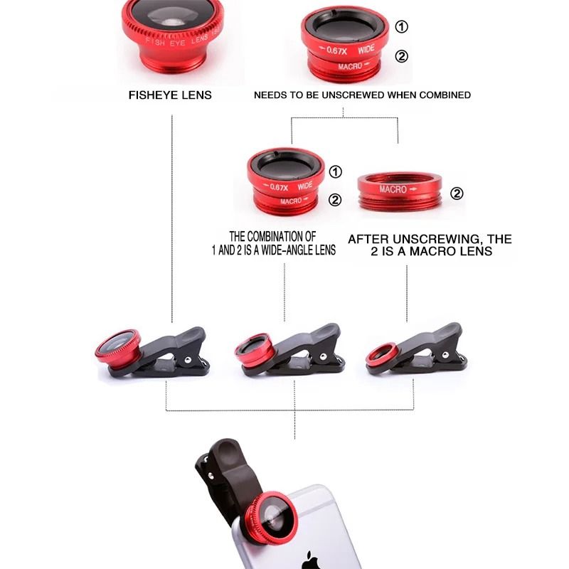 Universal 3in1 Phone Lens Kit Fisheye 067X Wide Angle Macro Lens With Secure Clip For IPhone And 2