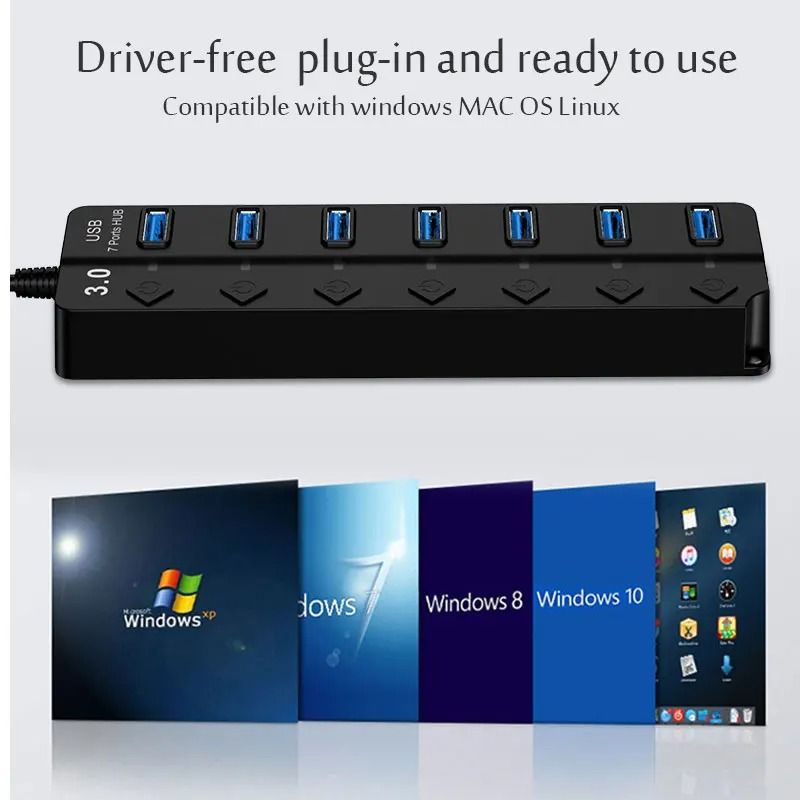 7in1 HighSpeed USB 30 Hub MultiPort Adapter With Individual Power Switches For Laptop PC 4