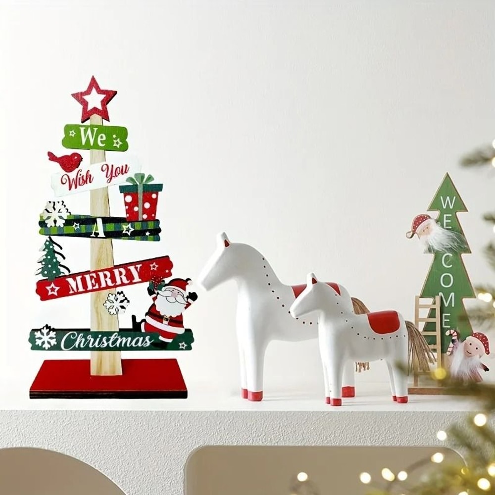 Small Wooden Christmas Tree Tabletop Decor Santa Claus And Gift Design For Holiday Room Decoration 1
