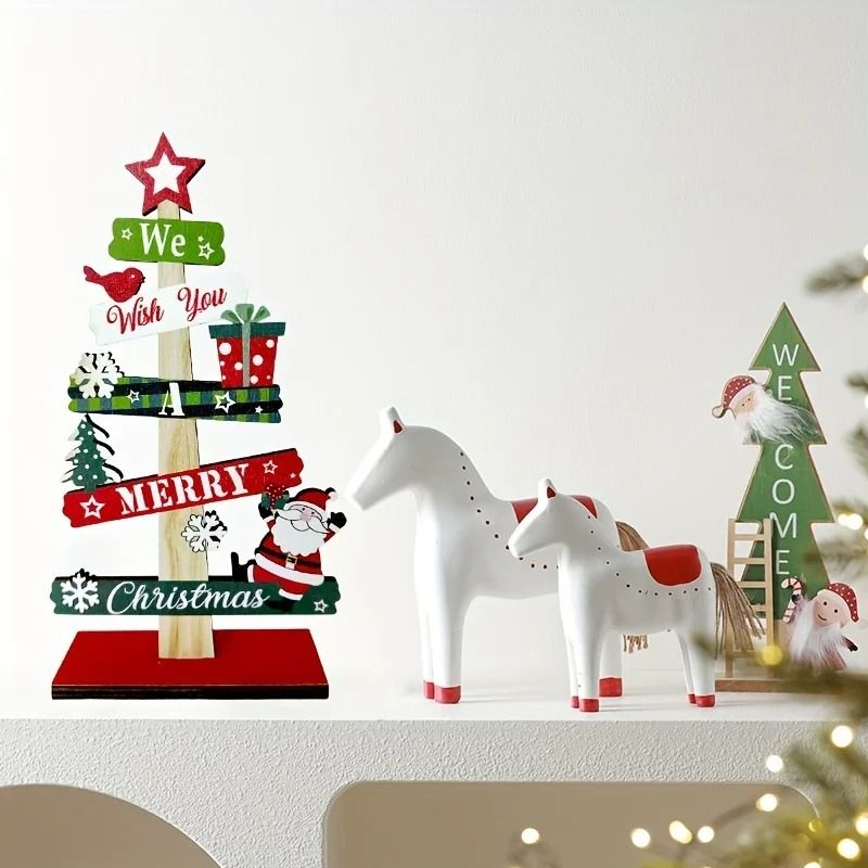 Small Wooden Christmas Tree Tabletop Decor Santa Claus And Gift Design For Holiday Room Decoration 1