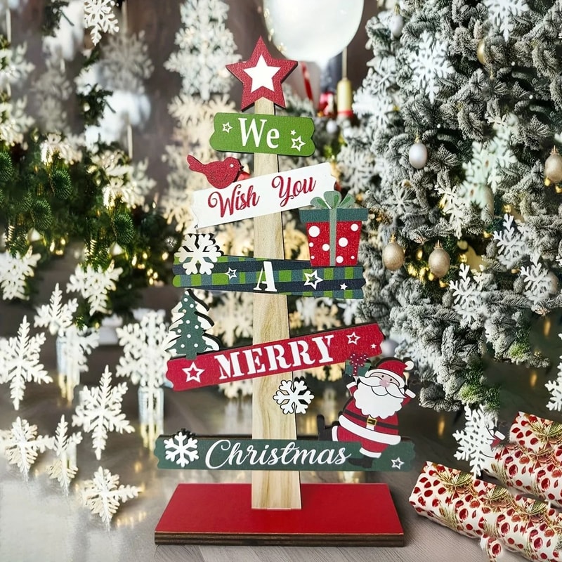Small Wooden Christmas Tree Tabletop Decor Santa Claus And Gift Design For Holiday Room Decoration 3