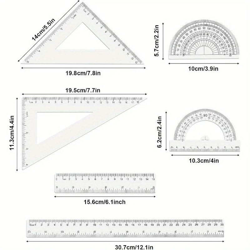 6 Piece Geometry Tools Clear Plastic Dual Measurements Rulers Protractor Triangles For Students And 3