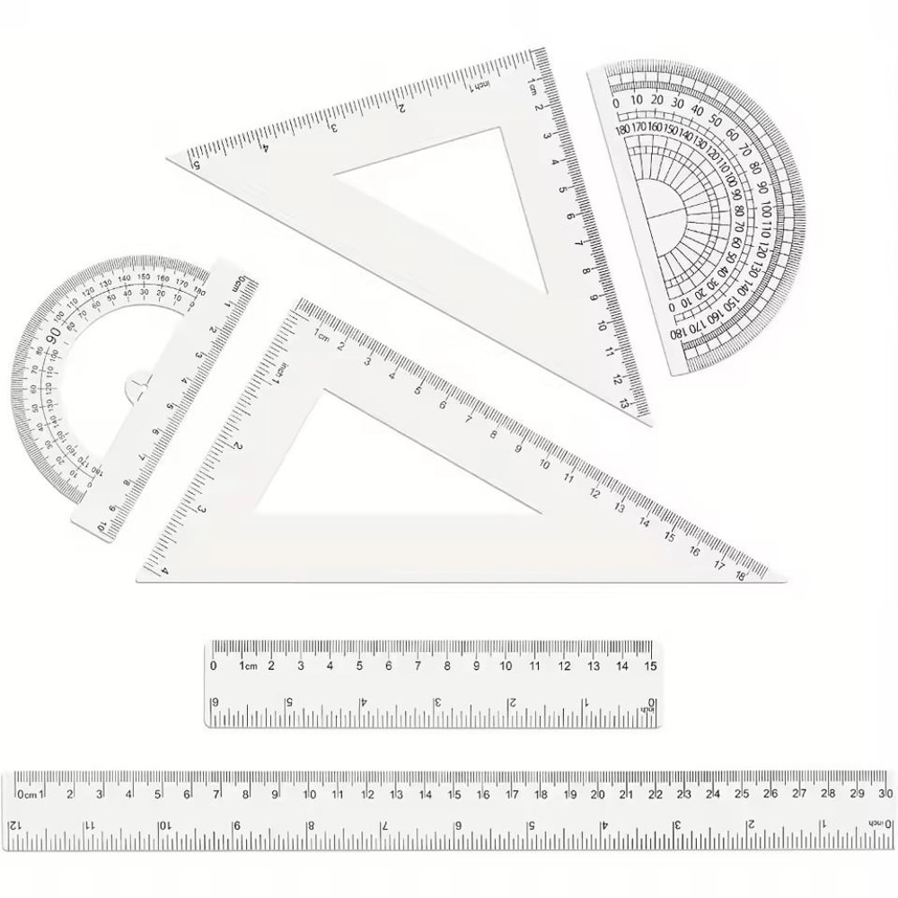 6 Piece Geometry Tools Clear Plastic Dual Measurements Rulers Protractor Triangles For Students And 0