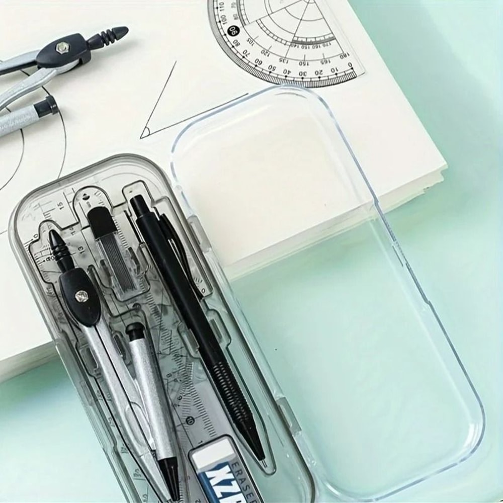 Transparent Plastic Geometry Compass And Ruler Set Durable Drawing Kit For School Students 5