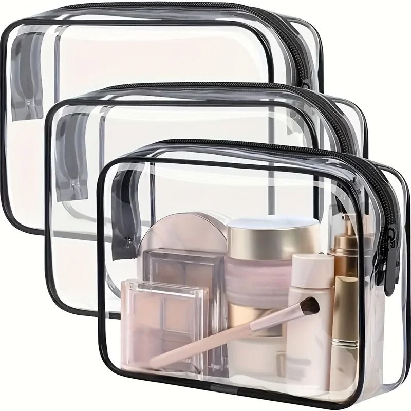 3Piece Transparent Travel Cosmetic Bag Set Zippered Toiletry Organizers MultiFunctional Portable S 0